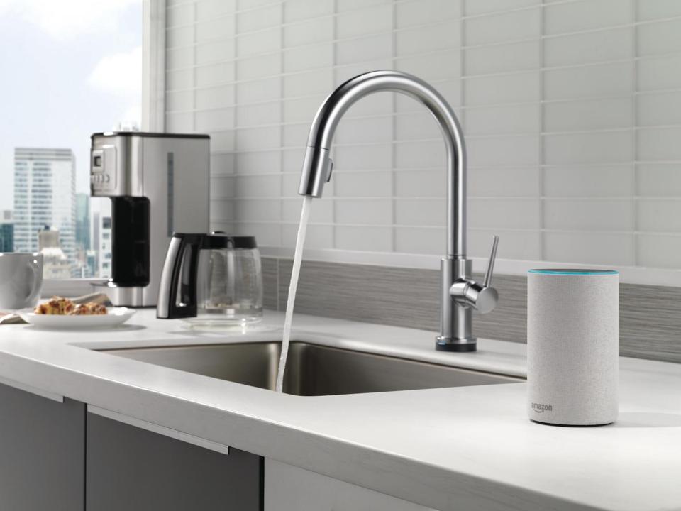 A touchless faucet by Delta Faucet Co. with VoiceIQ technology.