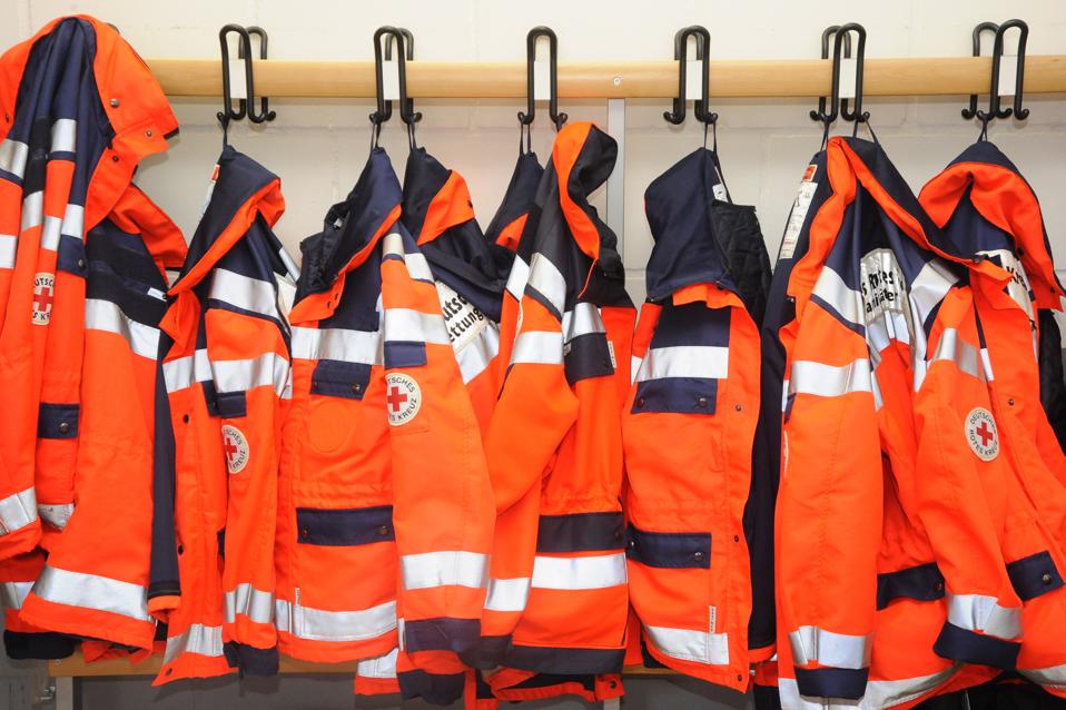Germany - : jackets of paramedics in a German Red Cross DRK ambulance station