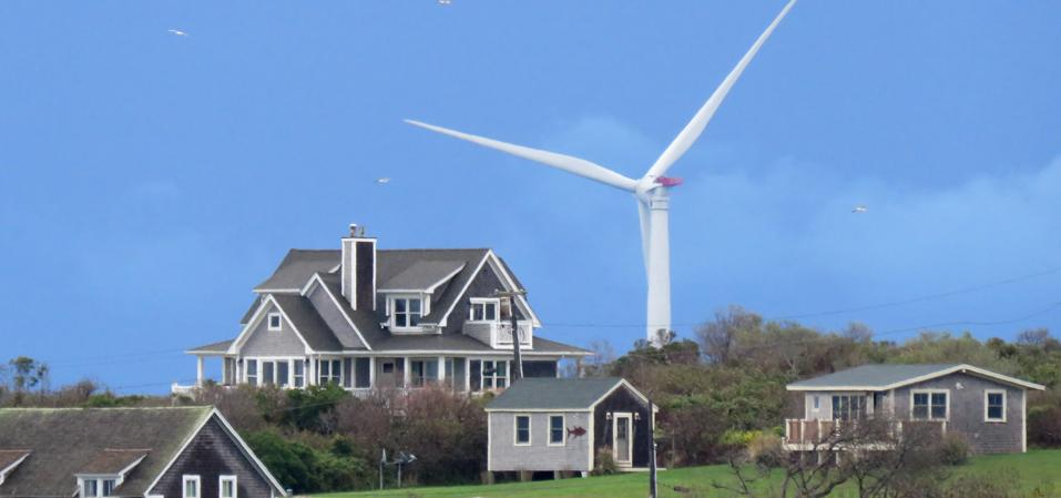 View of wind turbines off Block Island, Rhode Island in 2017