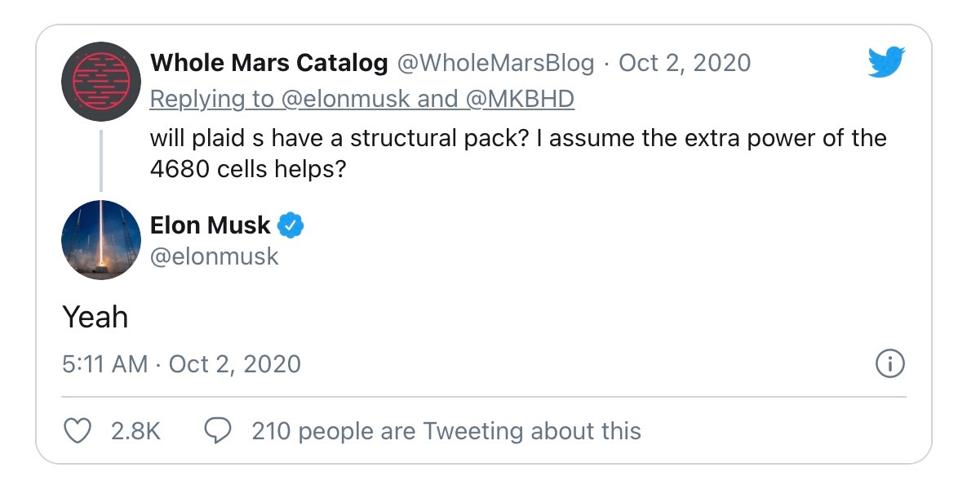 Elon Musk tweet about new Tesla battery technology