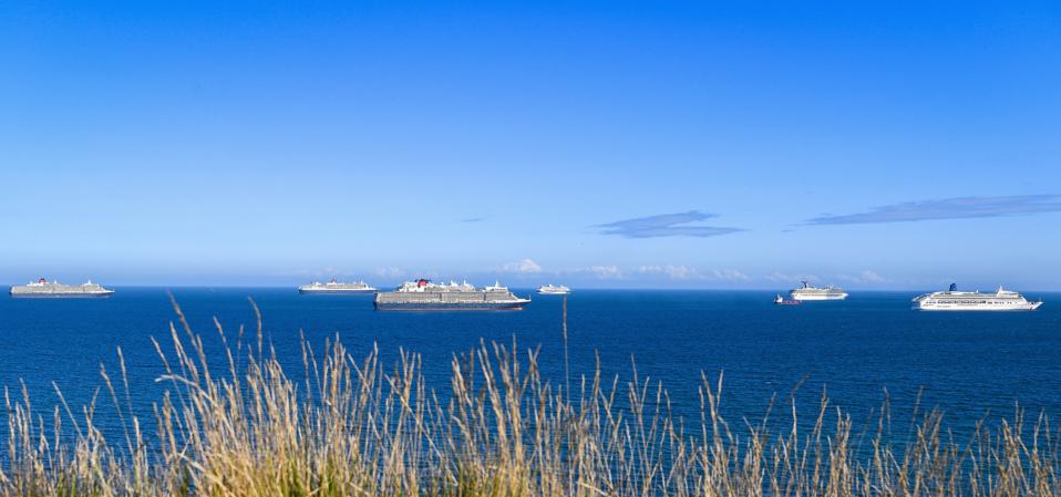 Cruise Ships Empty Due To The Coronavirus Pandemic Moor Off The South West UK Coast