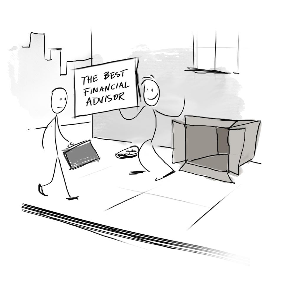 Stickmen cartoon of a homeless guy living out of a cardboard box with a sign reading ″best financial advisor″