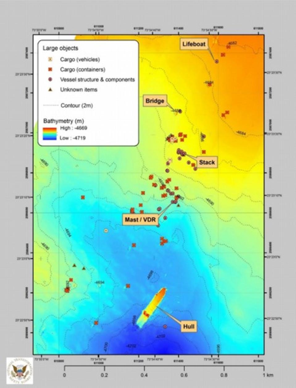 Map showing the VDR had gotten separated from the main hull of the vessel by the time it hit the seafloor