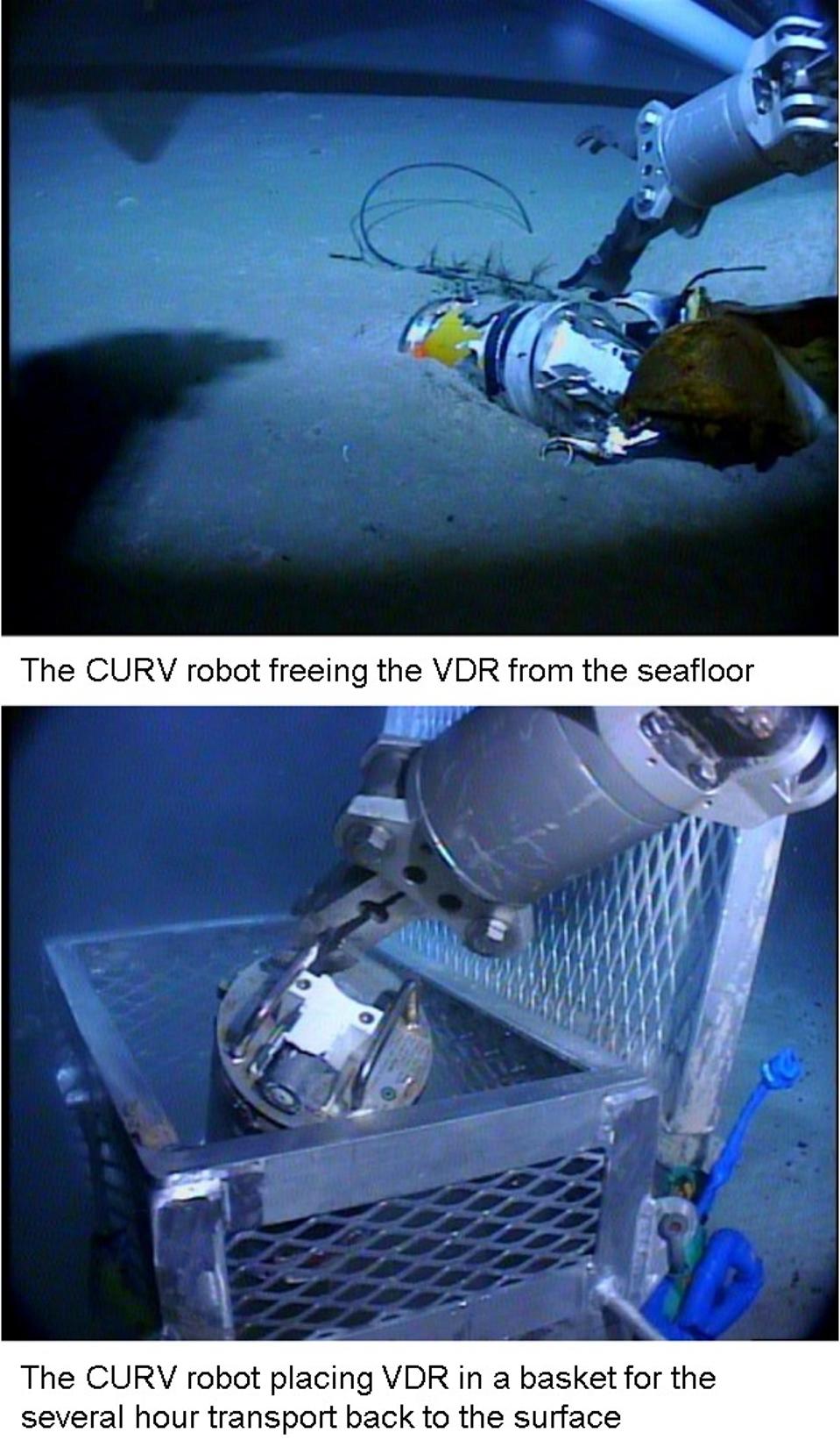 Images taken from CURV as the VDR was retrieved from the seabed and placed safely in a metal basket for the multi-hour, slow ascent to the surface.