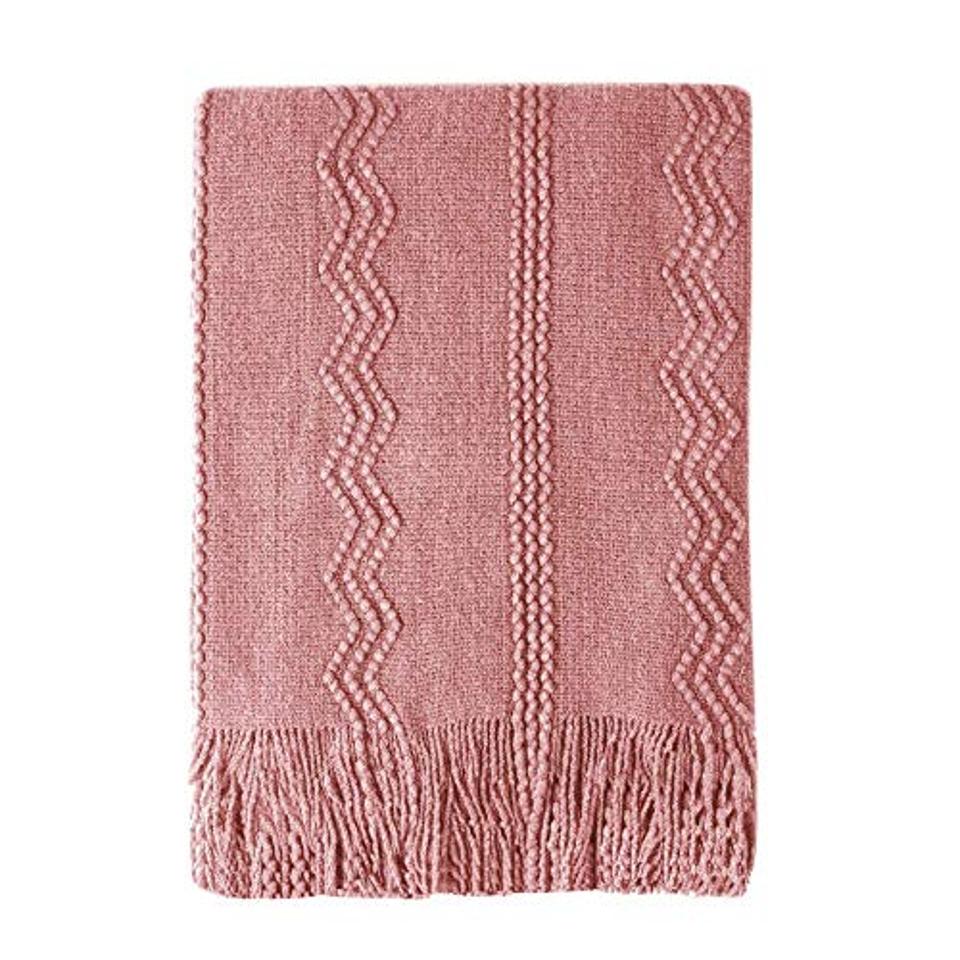 Prime day deal Bourina Textured Solid Soft Sofa Throw Couch Cover Knitted Decorative Blanket, 50″ x 60″,Coral Pink