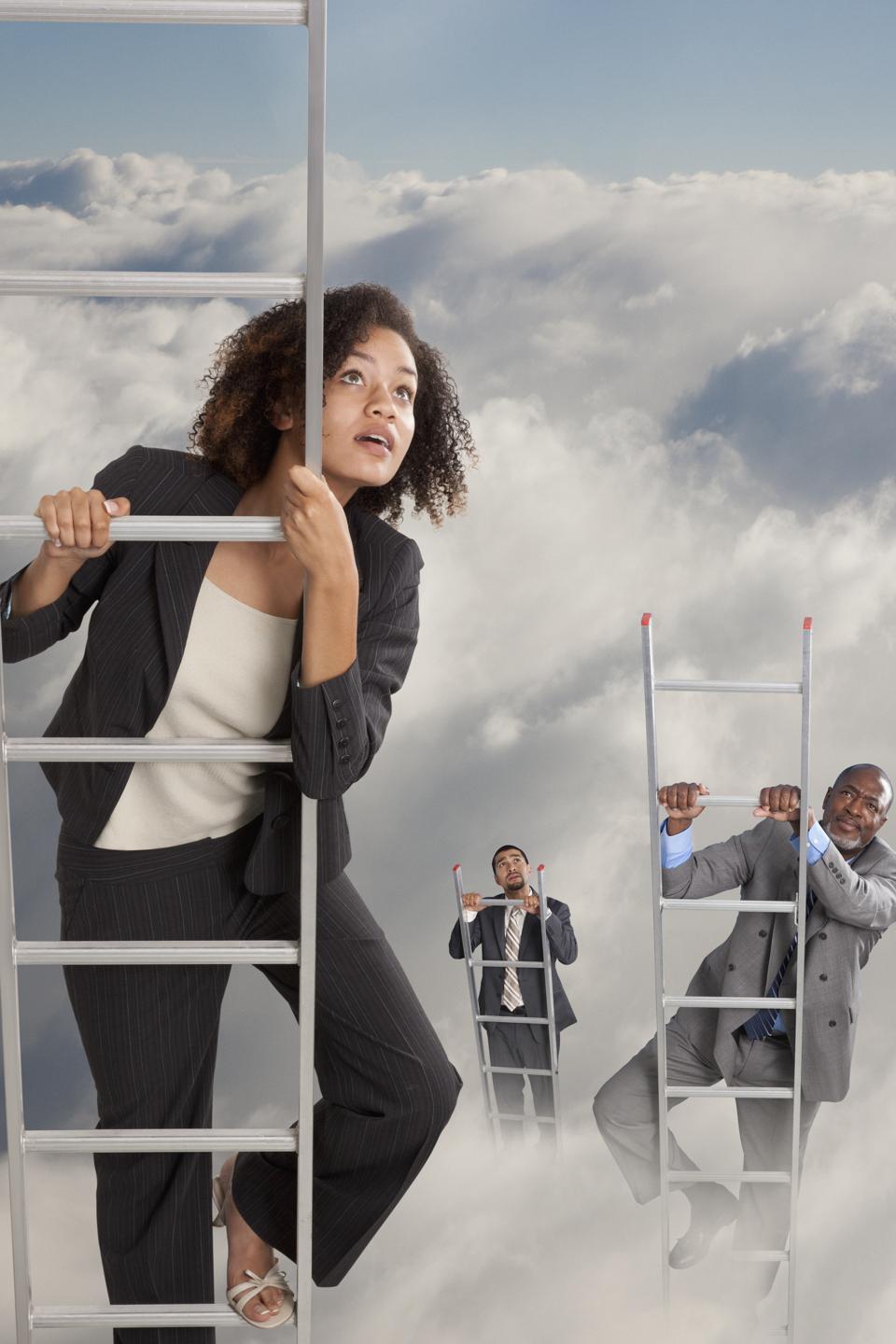 Business people climbing ladders into clouds