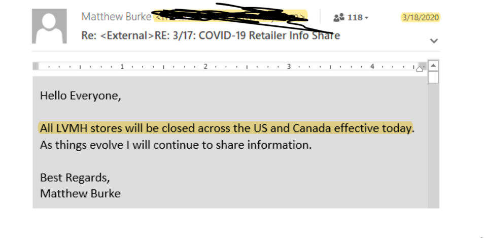 The email included in the most recent court documents from Tiffany by LVMH's Matthew Burke.