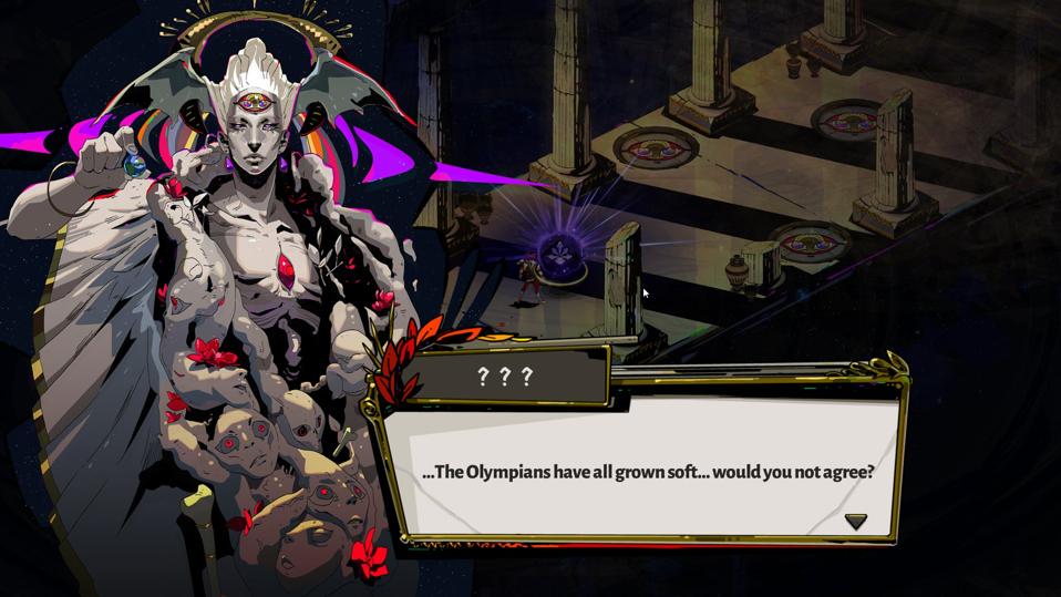 Hades. An unknown chaotic god, adorned with batwings, a halo, and a coat decorated with faces says, "...The Olympians have all grown soft... would you not agree?"