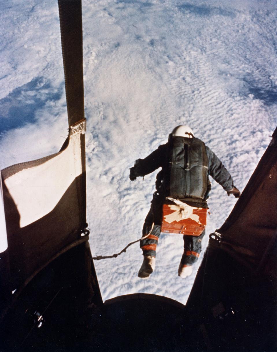 Colonel Joseph Kittinger skydiving from balloon at 102,800 feet