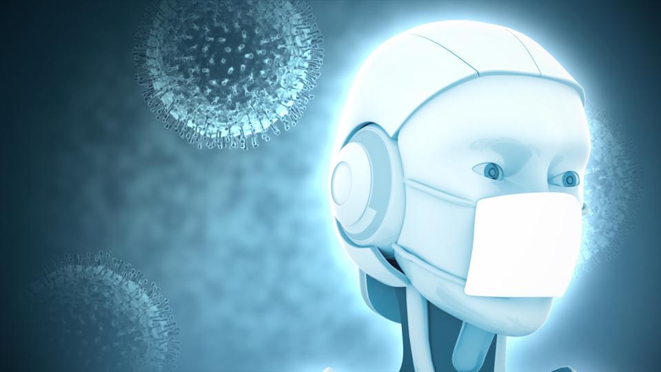 robot with medical mask protects itself from coronavirus, ideal footage for topics such as robotic medicine and virology, 3D rendering