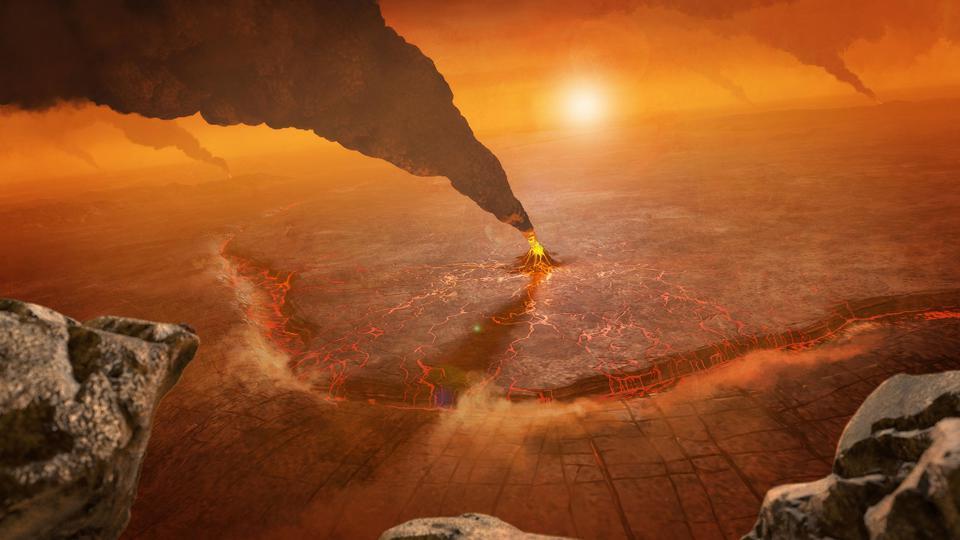 Surface of Venus illustration with volcanoes