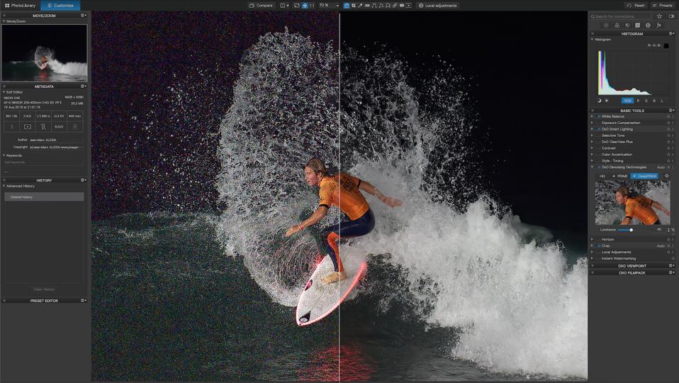 Removing noise of a shot featuring a surfer