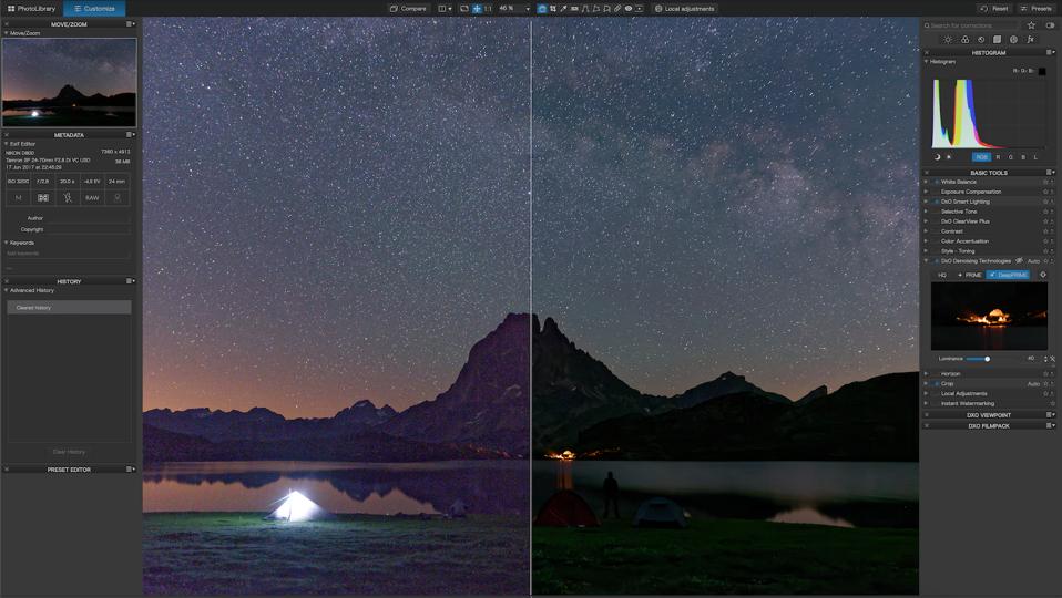 A nighttime shot showing the Milky Way and noise reduction.