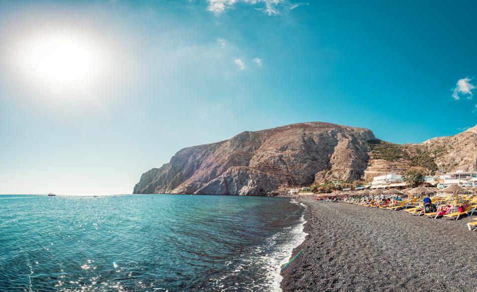 Black sand beach at Perissa in Santorini, Greece