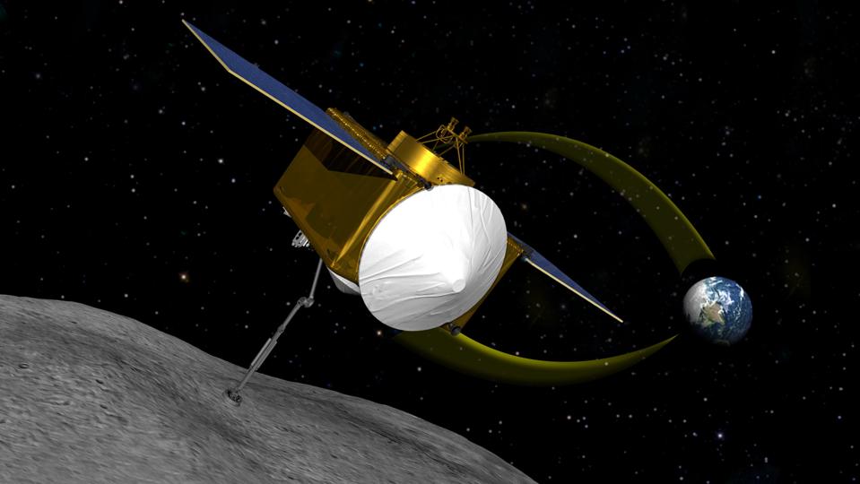 An artist's concept of the OSIRIS-REx spacecraft collecting a sample from asteroid Bennu.