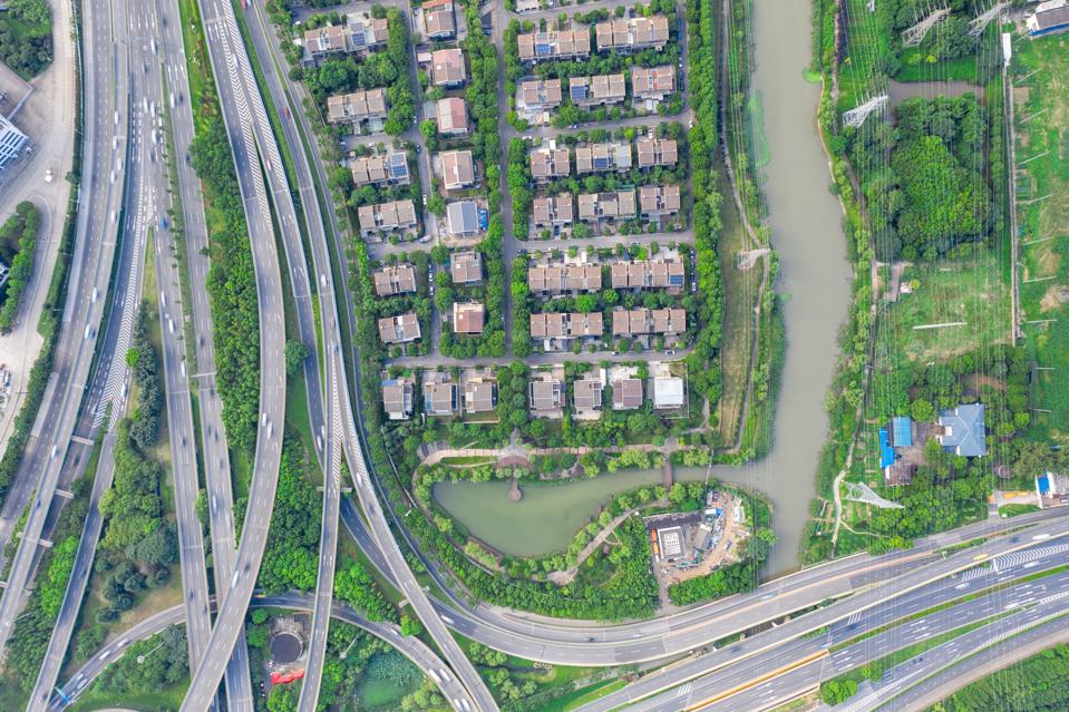 Aerial view of overpass and residential community