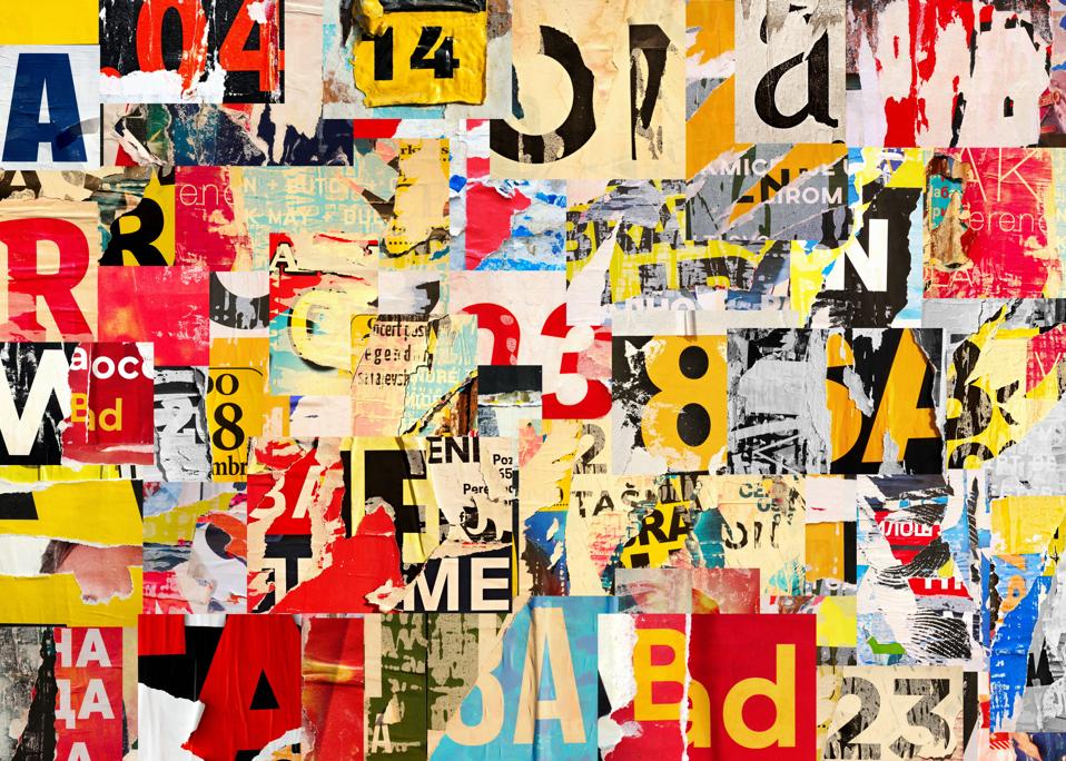 Collage of street poster, many numbers and letters