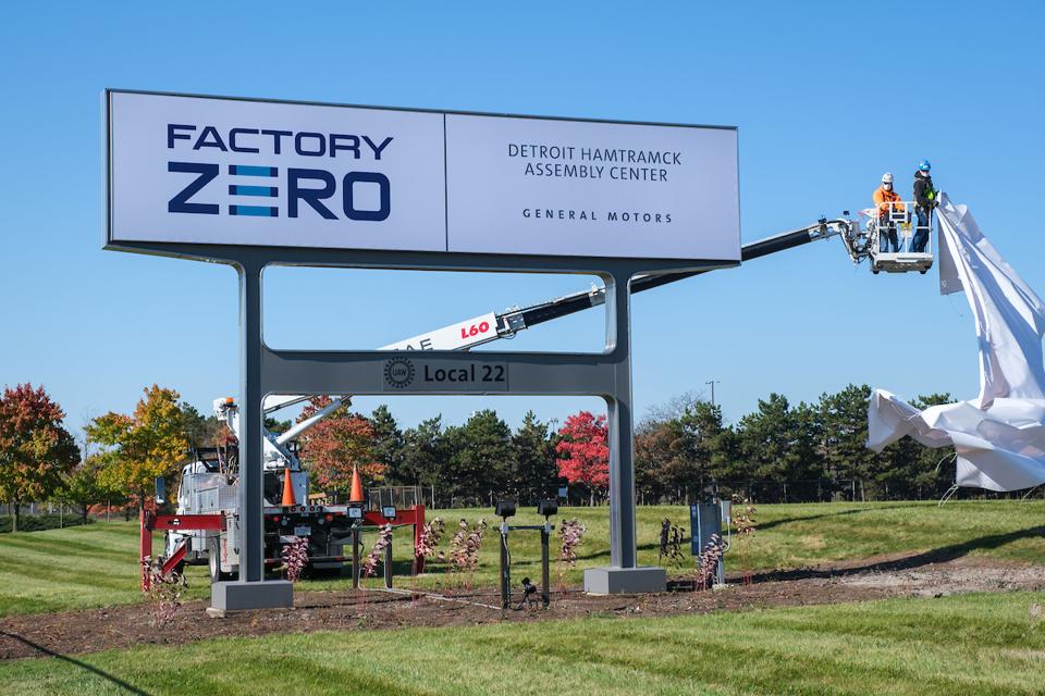 A sign is unveiled at General Motors Detroit-Hamtramck Assembly Friday, October 16, 2020 - introducing a new name: Factory ZERO, Detroit-Hamtramck Assembly Center. The facility will be known as Factory ZERO, which reflects the significance of this assembly center advancing GM’s zero-crashes, zero-emissions and zero-congestion future. GM is investing $2.2 billion to make Factory ZERO its first fully dedicated electric vehicle assembly facility. (Photo by Steve Fecht for General Motors)
