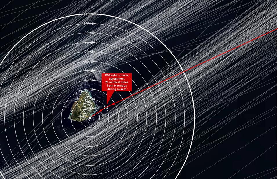 Course of Wakashio against all vessels crossing the Indian Ocean from the Singapore Strait during July and August 2020