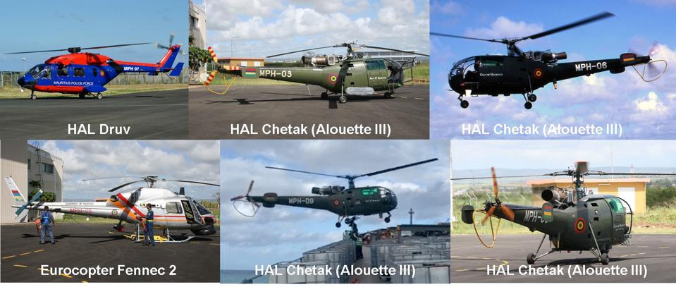 Six Helicopters in the Mauritius Helicopter Squadron: HAL-built Druv, four Chetaks (Alouette III), and a Airbus Eurocopter Fennec 2