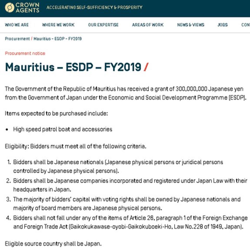 The Japanese Government contract that describes the $3m grant to Mauritius for Fast Patrol Boats, but only Japanese firms will be eligible to build them.