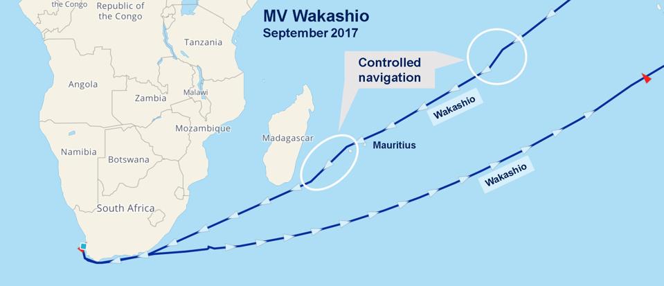 Wakashio's navigation route from Asia to South Africa in September 2017, past Mauritius.