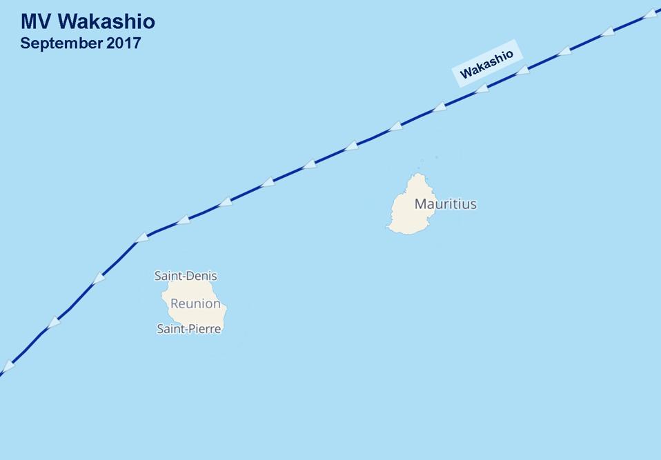Wakashio took the Northern path last time it steamed past Mauritius in September 2017
