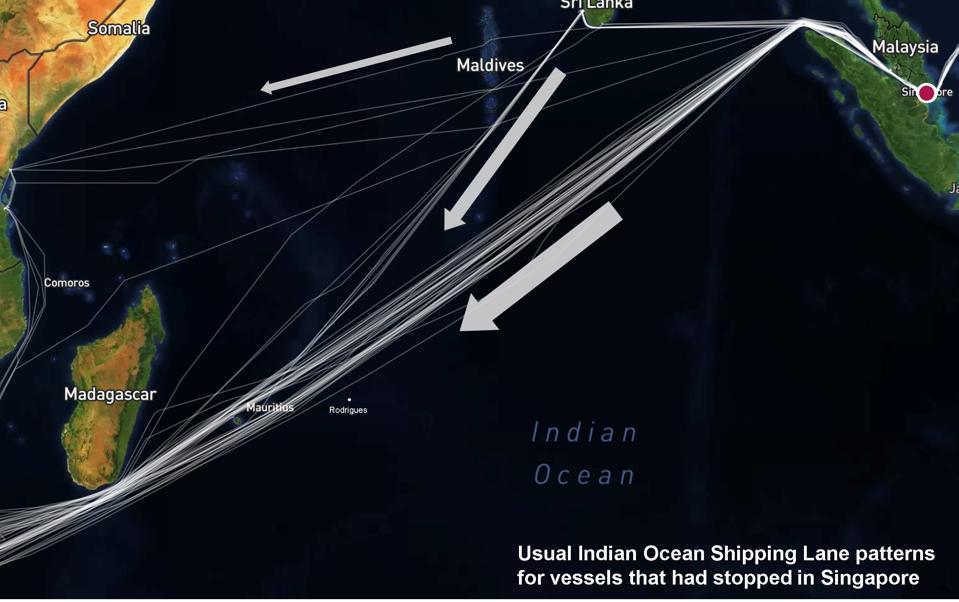 The major shipping lanes across the Indian Ocean are well understood.  Seen here are the Southerly routes taken by all vessels that stopped in the Port of Singapore  over the summer in 2020 and crossed the Indian Ocean.