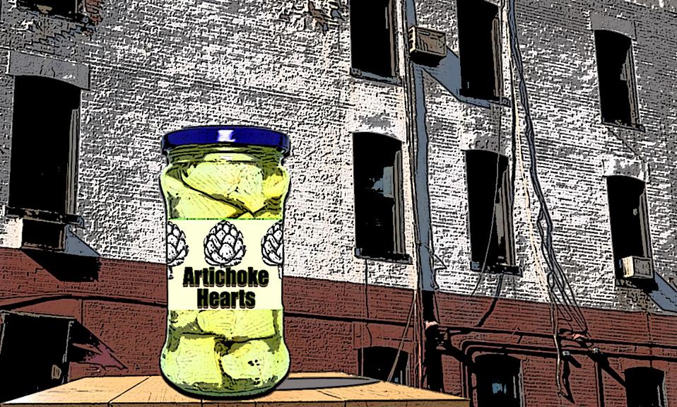 A jar of artichoke hearts in front of an old apartment building.