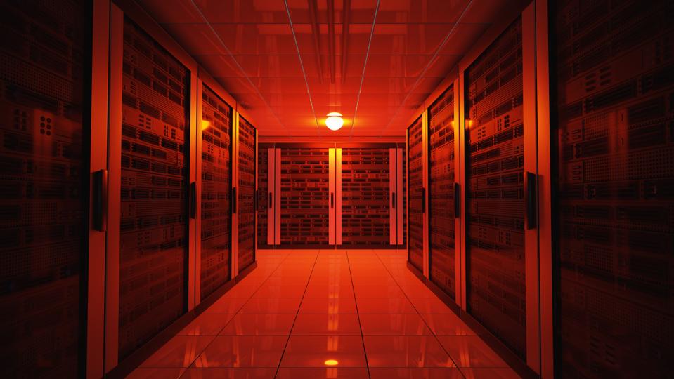 Blackout concept. Emergency failure red light in data center with servers. 3D rendered illustration.