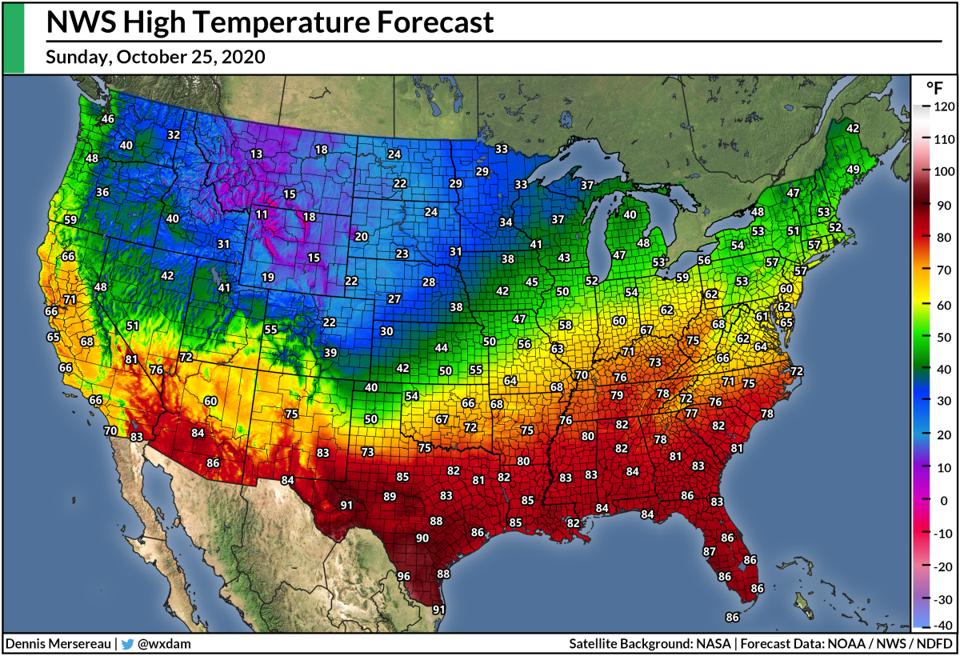 A national map of the National Weather Service's forecast highs for Oct. 25, 2020.