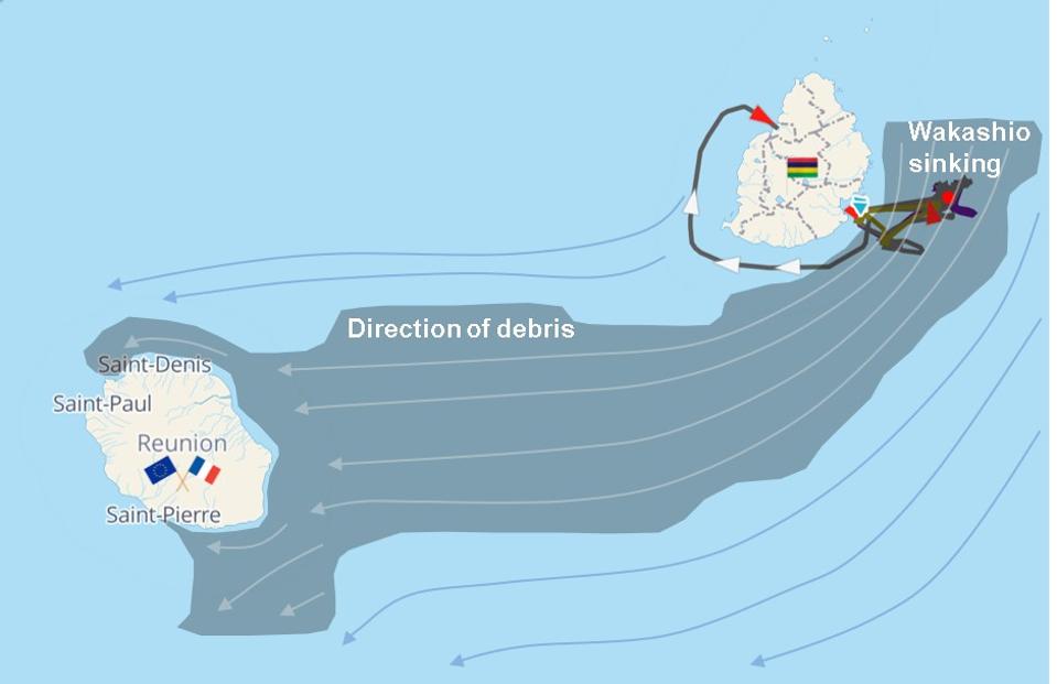 Satellite analysis of the location of the sunken wreck of the Wakashio reveals that debris would drift from there straight onto the Eastern coastline of the French territory of Reunion island, part of the European Union