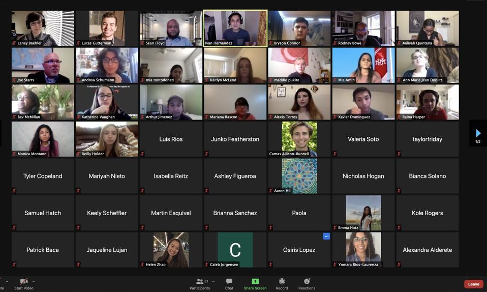 A screenshot of over 30 students gathered on a Zoom call.