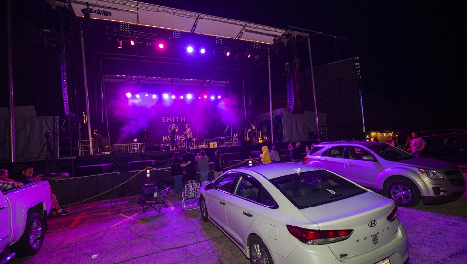 Brent Smith and Zach Myers of Shinedown perform on stage as duo Smith & Myers during a socially distanced drive-in concert in Chicago, IL. Friday, October 9, 2020 at Lakeshore Drive-in (Photo by Barry Brecheisen)