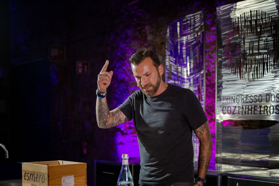 Lisbon chef Ljubomir Stanisic is onstage at Congresso dos Cozinheiros in Portugal