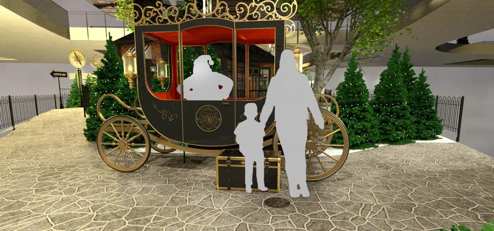 A rendering showing how children and parents will be able to remain socially distant from Santa while getting a picture taken of Santa sitting in a carriage.