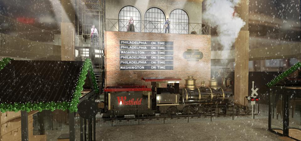 A photograph of an elevated performance stage above a steam locomotive at the Holiday Market at Westfield Century City.