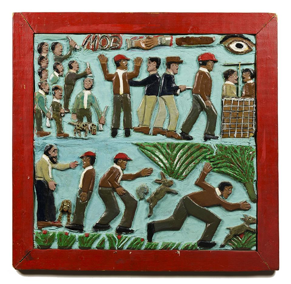 Elijah Pierce (American, 1892–1984), 'Elijah Escapes the Mob,' 1950s. Paint on carved wood 27 1/2 × 28 3/8 × 1 in. (69.9 × 72.1 × 2.5 cm).
