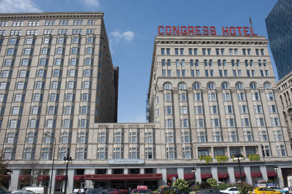 Illinois, Chicago, Congress Plaza Hotel, South Michigan Avenue, belangrijkste lobby 'Most Haunted Hotel in Chicago'