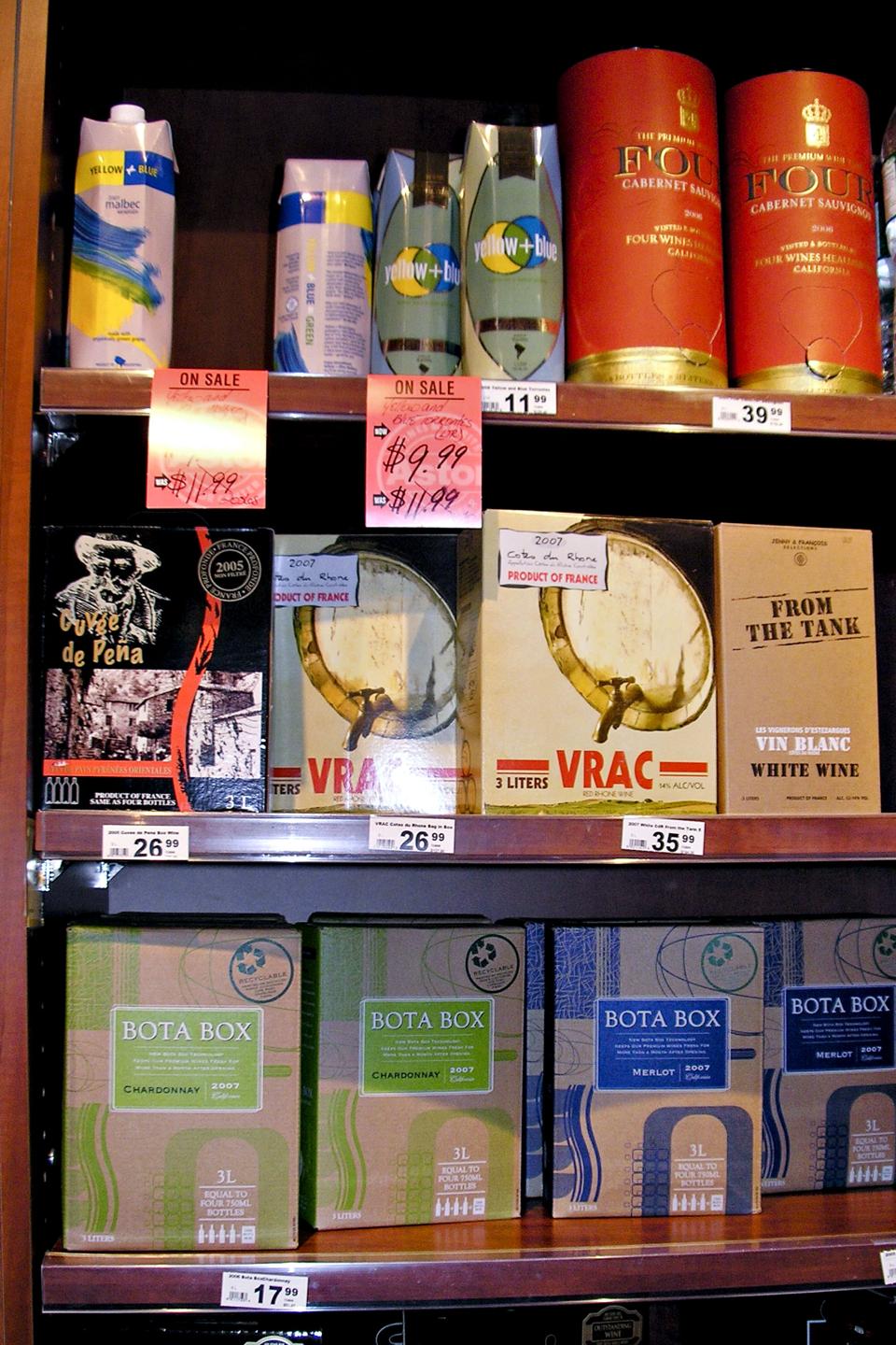 Bag in box wines on the shelf. Source and photo: Elin McCoy, Bloomberg News 