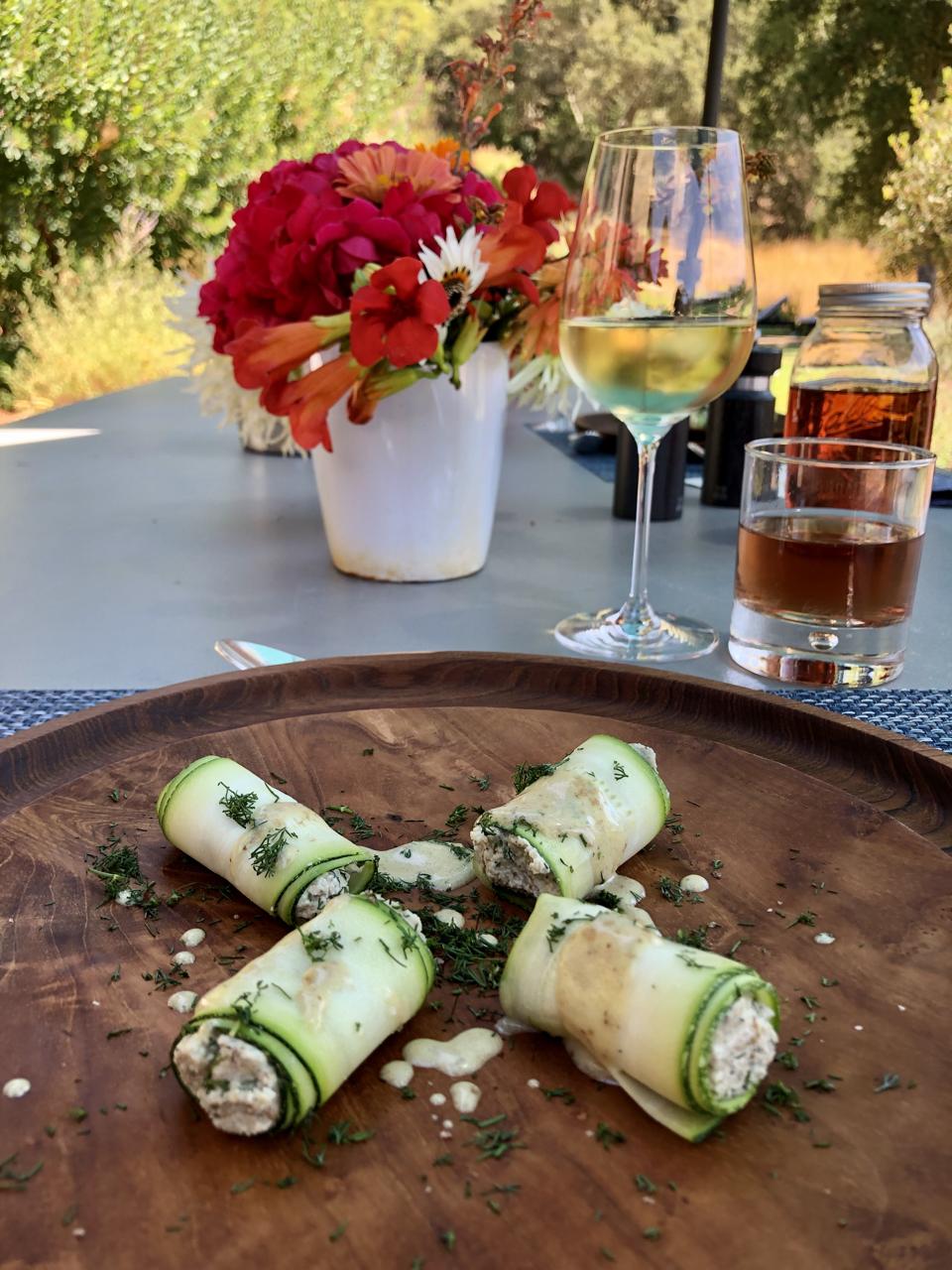 Zucchini rollatini with sprouted sunflower salad and dill vinaigrette