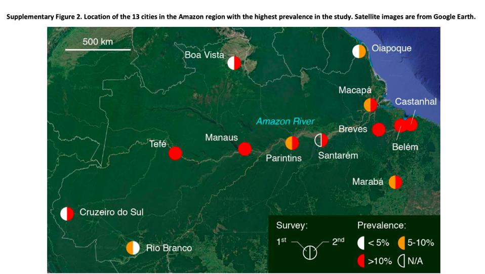 Map showing prevalence of antibodies against Covid-19 along the Amazon River in Brazil