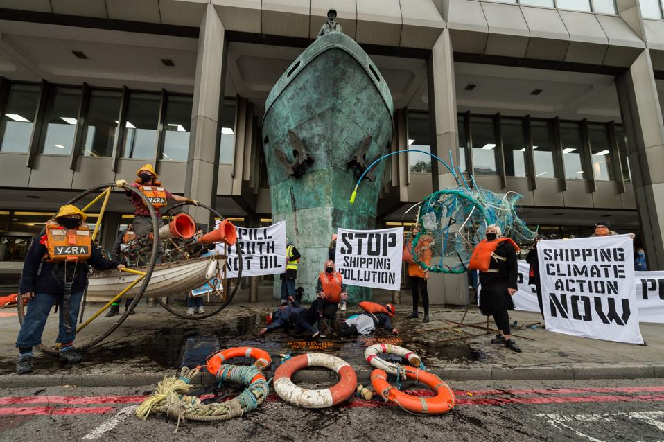 19 Oct 2020: Protestors from Ocean Rebellion outside the UN shipping agency, the IMO protesting at the cover up involved with the Wakashio and Japan's action at the global shipping agency that is pushing higher carbon emissions