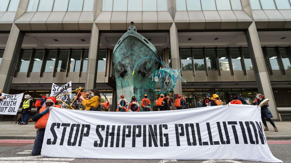 19 Oct 2020: activists from The Ocean Rebellion protest outside the IMO over their stance to break the Paris Climate Agreement on emission targets for shipping