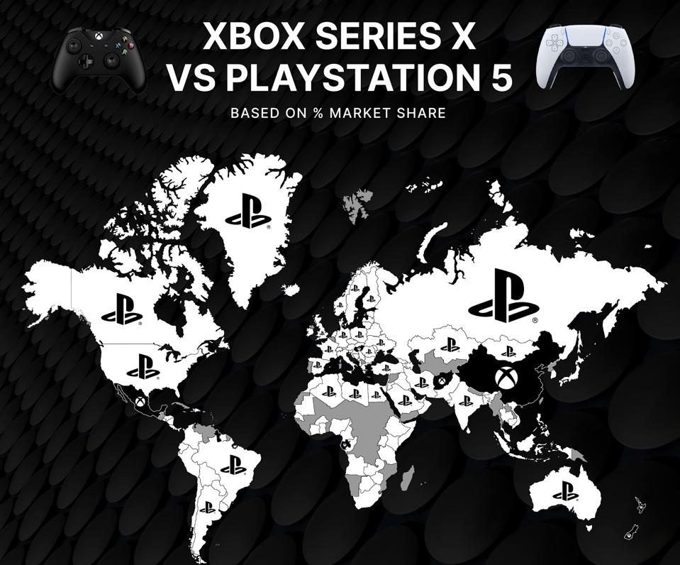 Map detailing the PS5 demand vs Xbox Series X demand