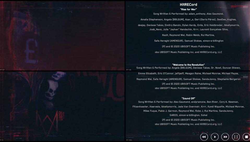The credits of three of the Hitrecord songs used in Watch Dogs Legion.