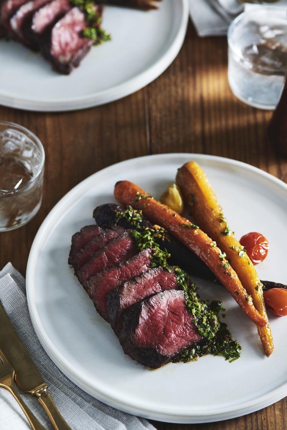Black Hawk Farms Denver steak topped with chimichurri sauce