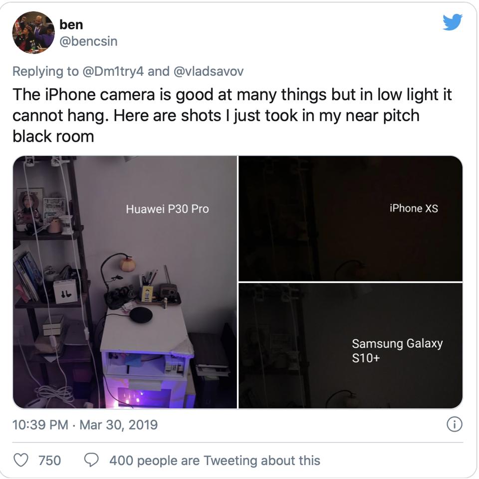 A tweet I posted showing Huawei's dominating camera performance
