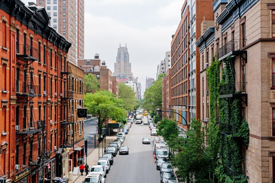 Elevated view of street in Chelsea district, New York City, USA