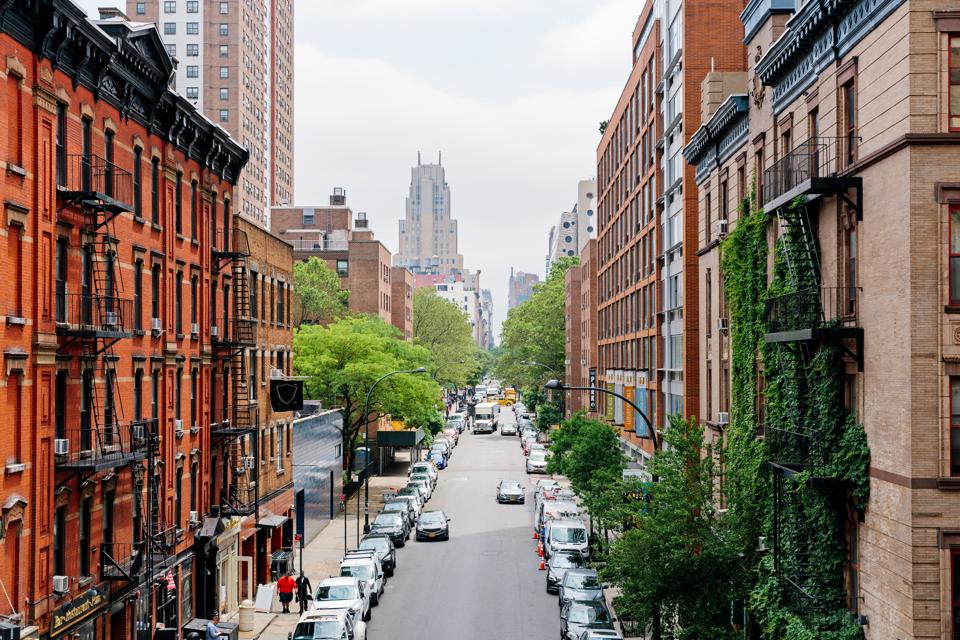 Elevated view of street in Chelsea district, New York City, USA